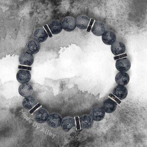 Black and Gray 8mm Handmade Glass Beaded Bracelet with Black rhinestones